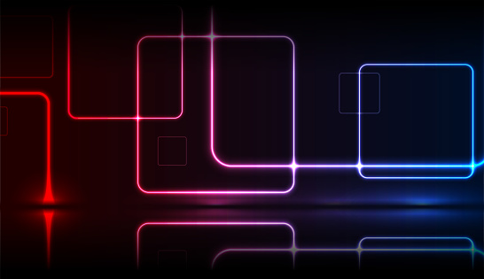 Blue red neon squares abstract technology background. Futuristic glowing vector design