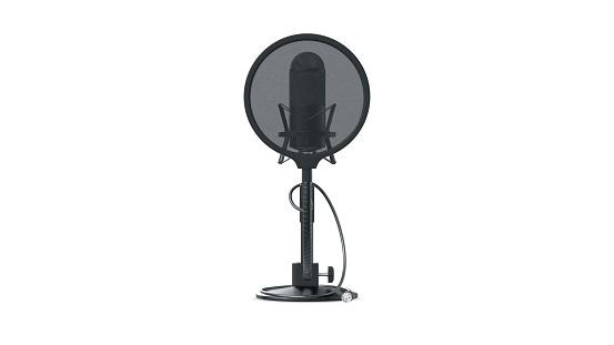 Microphone with stand on the desk and pop filter. Isolated background. Sound recording equipment concept. Professional studio black mic, cable and black pop filter on mic stand. 3d render