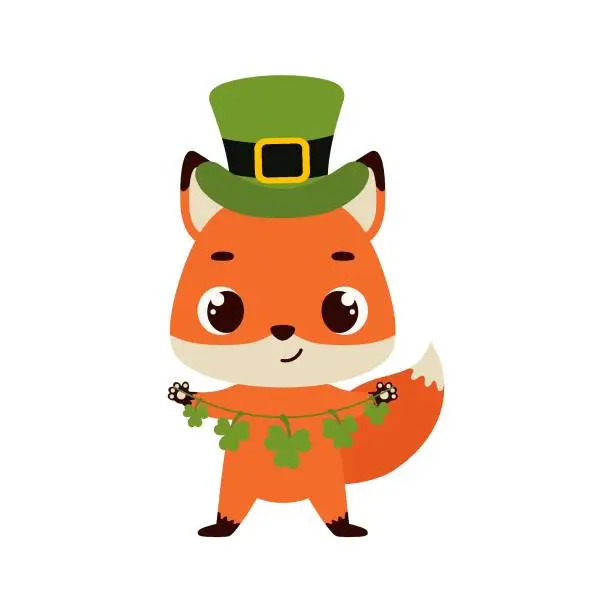 Vector illustration of Cute fox in green leprechaun hat with clover. Irish holiday folklore theme. Cartoon design for cards, decor, shirt, invitation. Vector stock illustration
