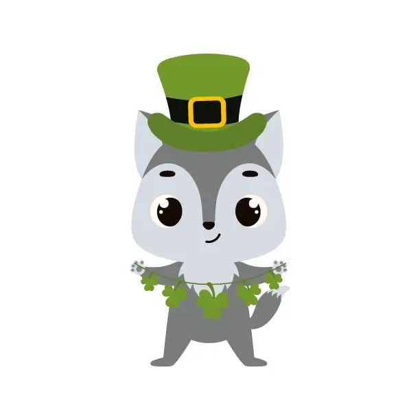 Vector illustration of Cute wolf in green leprechaun hat with clover. Irish holiday folklore theme. Cartoon design for cards, decor, shirt, invitation. Vector stock illustration