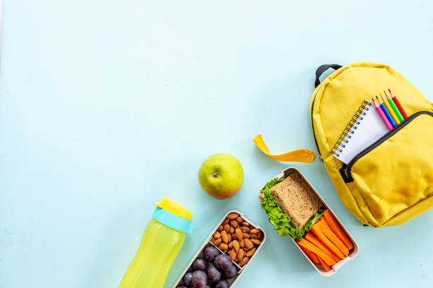istock School lunch box with food and backpack, top view 1465540942