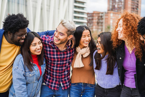 istock Young diverse people having fun outdoor laughing together - Diversity concept 1465541695
