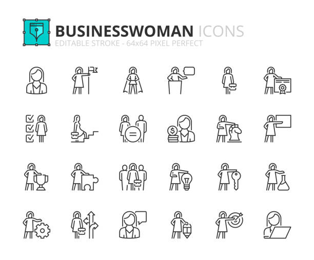 Simple set of outline icons about businesswoman Line icons  about businesswoman. Contains such icons as success, aspirations, career and leadership. Editable stroke Vector 64x64 pixel perfect gender equality at work stock illustrations