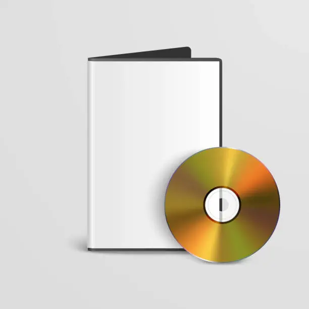 Vector illustration of Vector Realistic Yellow CD, DVD with Rectangular Box, Cover, Envelope, CD Case Closeup. CD Packaging Design for Mockup. Golden Compact Disk, Front View