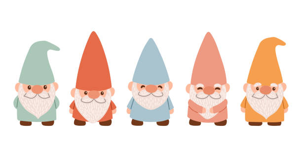 Set of cute garden gnomes. Isolated on a white background. Flat cartoon vector illustration EPS10. Set of cute garden gnomes. Isolated on a white background. Flat cartoon vector illustration EPS10. dwarf stock illustrations