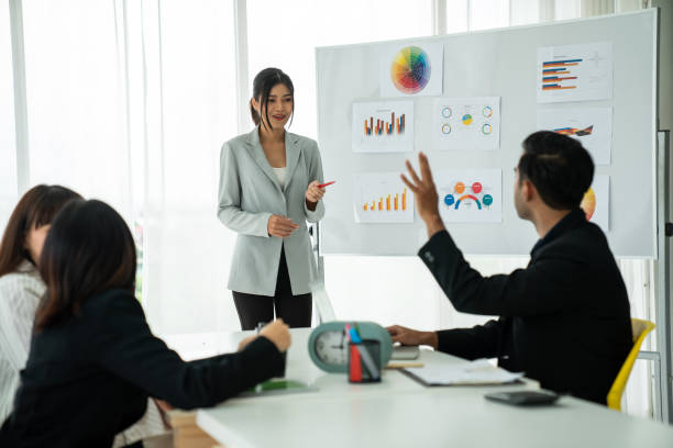 istock Business people proficiently discuss work project while sitting in circle . Corporate business team collaboration concept . 1465544260