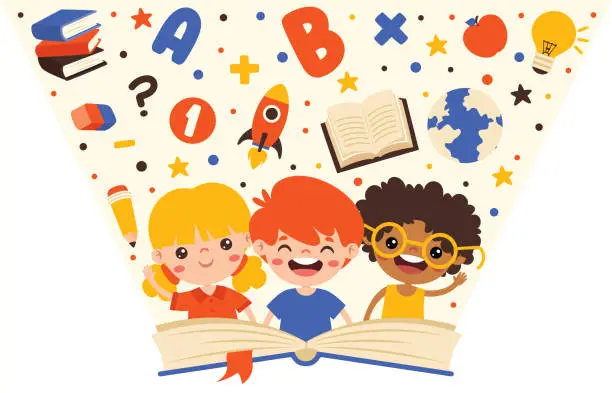 Vector illustration of Illustration Of Kids Reading Book