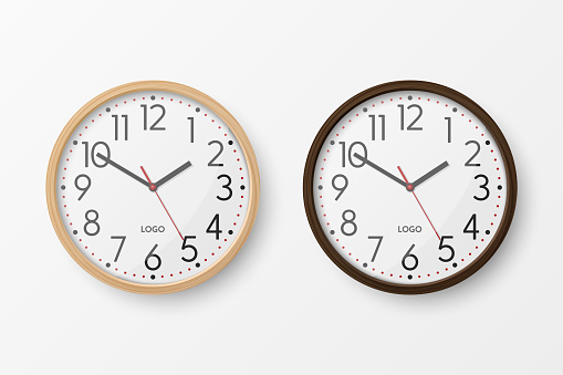 Vector 3d Realistic Simple Round Brown Wooden Wall Office Clock with White Dial Icon Set Closeup Isolated on White Background. Design Template, Mock-up for Branding, Advertise. Front or Top View.