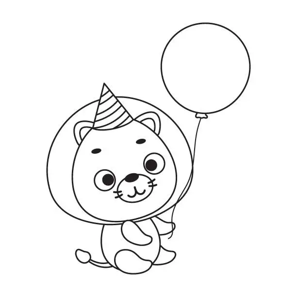 Vector illustration of Coloring page cute little lion in birthday hat hold balloon. Coloring book for kids. Edulionional activity for preschool years kids and toddlers with cute animal. Vector stock illustration
