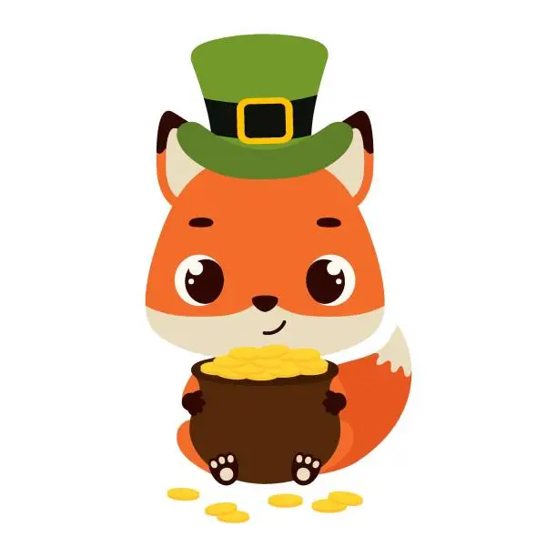 Vector illustration of Cute fox in green leprechaun hat holds bowler with gold coins. Irish holiday folklore theme. Cartoon design for cards, decor, shirt, invitation. Vector stock illustration