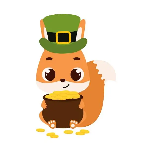 Vector illustration of Cute squirrel in green leprechaun hat holds bowler with gold coins. Irish holiday folklore theme. Cartoon design for cards, decor, shirt, invitation. Vector stock illustration