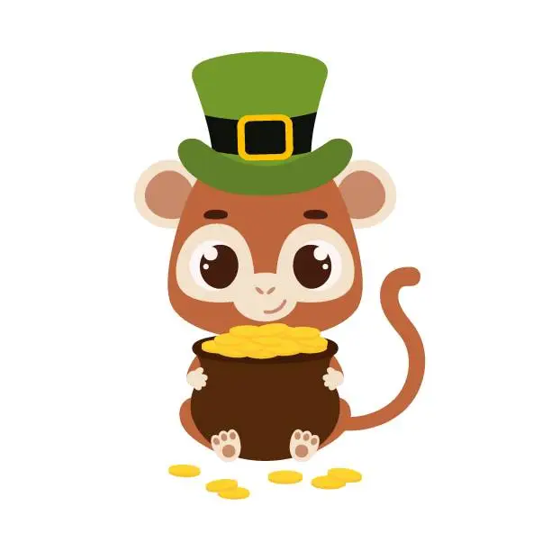 Vector illustration of Cute monkey in green leprechaun hat holds bowler with gold coins. Irish holiday folklore theme. Cartoon design for cards, decor, shirt, invitation. Vector stock illustration