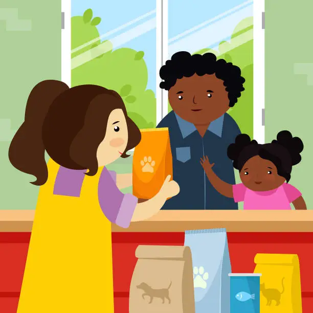 Vector illustration of Father and daughter buying food in pet store.