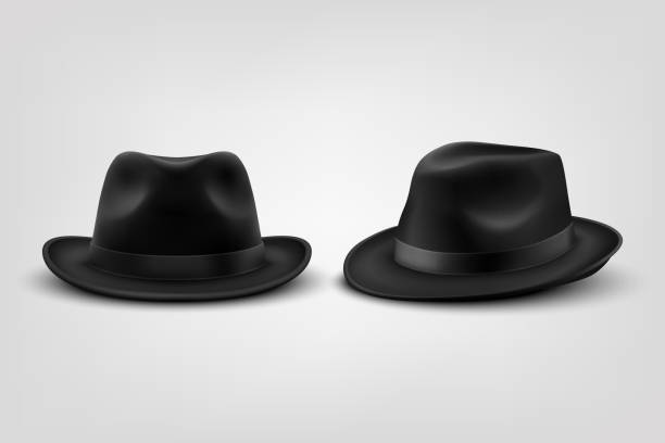istock Vector 3d Realistic Black Vintage Classic Gentleman Black Hat, Cap Icon Set Closeup Isolated on White Background. Front and side, Half Turn View. Men s Unisex Hat Design Template. Vector Illustration 1465550609
