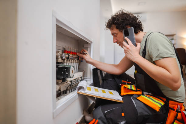 Repairmen calling colleague for advice about a problem with underfloor heating pipes Repairmen calling colleague for advice about a problem with underfloor heating pipes heating engineer stock pictures, royalty-free photos & images