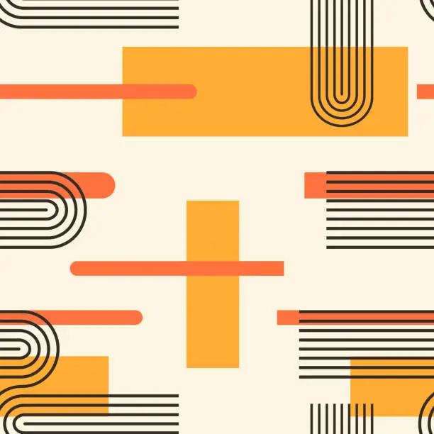 Vector illustration of Abstract vector seamless pattern with lines and geometric shapes in retro style.