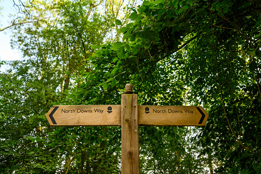 A signpost on the North Downs Way near Woldingham in Surrey, England, UK. The North Downs is part of the Surrey Hills Area of Outstanding Natural Beauty.