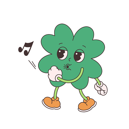 Trendy retro cartoon character clover with four leaf. Happy Saint Patrick's Day. Groovy style, vintage, 70s 60s aesthetics. Vector illustration