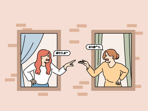Good Neighborly Relations Concept Neighbors Looking Out Windows Stock Illustration - Download Image Now - iStock