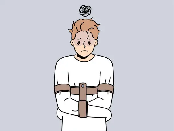 Vector illustration of Unhappy man in straitjacket suffer from mental problems