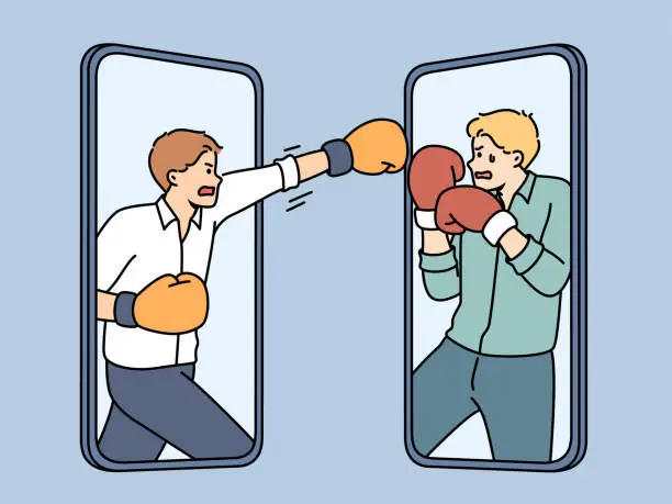 Vector illustration of Furious businessmen on mobile screens fighting