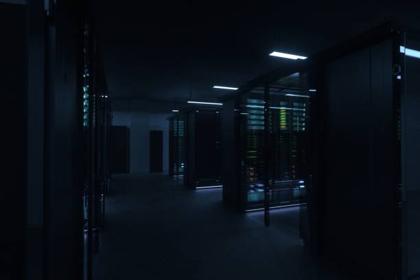 AI work at network servers room Robot works in a computer server with a foggy forest outside the windows. 3D rendering, amysterious scene. japan supercomputer stock pictures, royalty-free photos & images