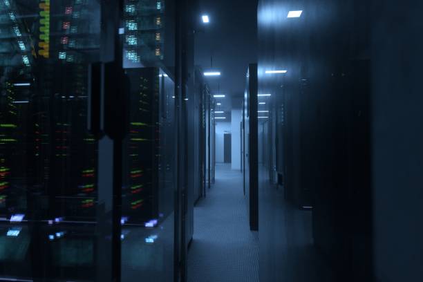 AI work at network servers room Robot works in a computer server with a foggy forest outside the windows. 3D rendering, amysterious scene. japan supercomputer stock pictures, royalty-free photos & images