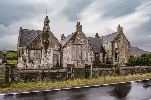Abandoned buildings just west of Lochboisdale in South Uist, Outer Hebrides, Scotland.