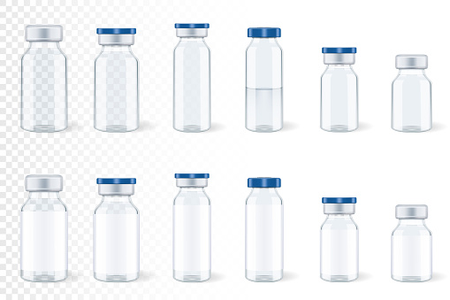 Set of medical transparent bottles, isolated.