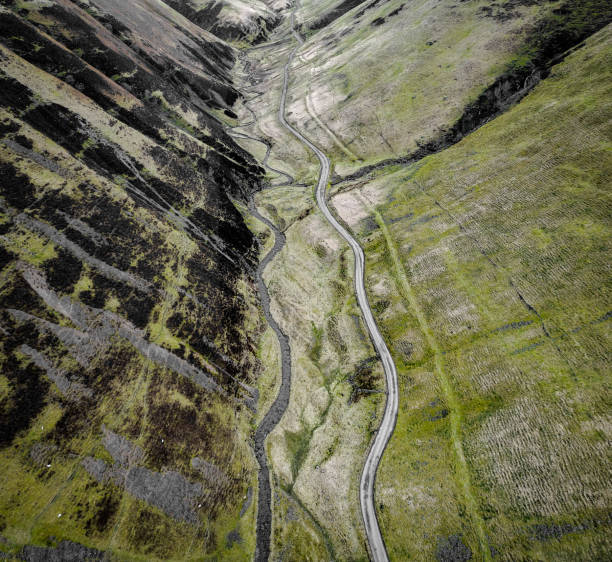 Ariel view of road nr st marys loch in scotland