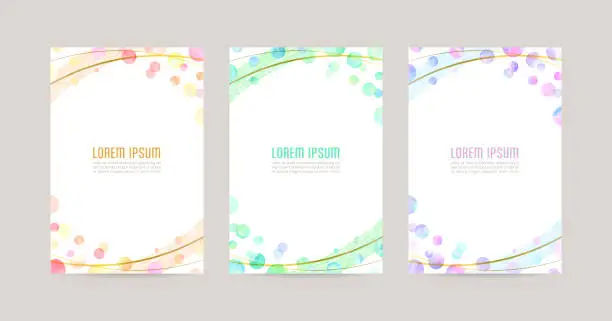 Vector illustration of vector card design template with colorful watercolor bubbles, gold lines