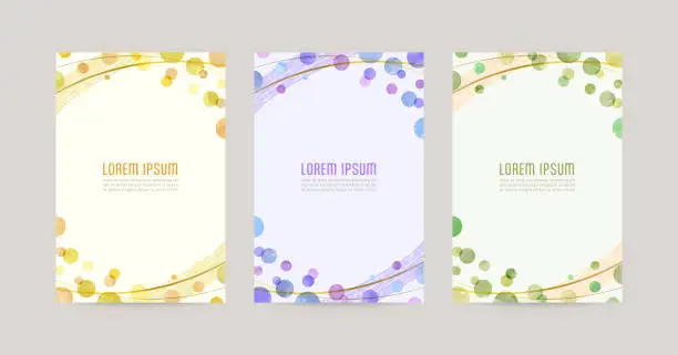 Vector illustration of vector card design template with colorful watercolor bubbles, gold lines