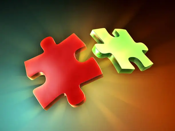 Two puzzle pieces with some back-lighting creating beautiful light rays. Digital illustration, 3D rendering.