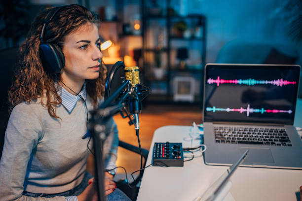 istock Young woman in the podcast studio 1465572962