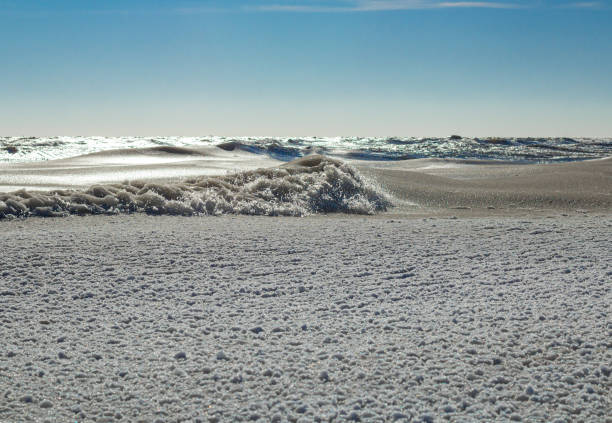 Close-up of the icy seashore, frozen waves, rocks and sun glare on the ice