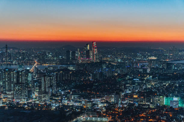 istock Bright city view with skyline during sunset. 1465574169