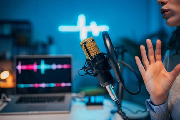 istock Young woman in the podcast studio 1465576659