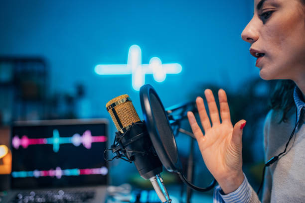 istock Young woman in the podcast studio 1465576704