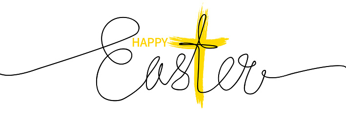 Happy Easter Hand drawn calligraphy lettering with a yellow cross.Continuous line drawing. Lettering. Black isolated on white background.For greeting card and invitation. vector illustration.