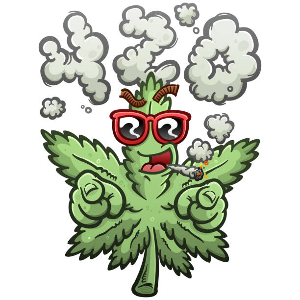 Cannabis Leaf with Attitude and Shades Pot Leaf with a Attitude and Sunglasses double pointing at you and smoking a joint under a cloud of smoke shaped like four twenty 420 blunt stock illustrations