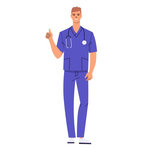 illustrations, cliparts, dessins animés et icônes de jeune infirmier montrant le pouce levé. geste d’approbation, de confirmation, cool, bon. médecin avec stéthoscope et portant des gommages. le personnage est isolé sur fond blanc. - male nurse nurse scrubs white background