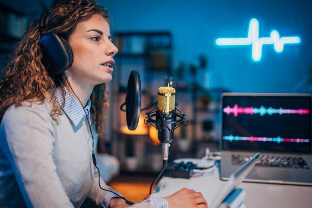 istock Young woman in the podcast studio 1465578128