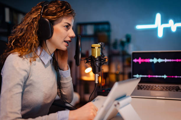 istock Young woman in the podcast studio 1465578395