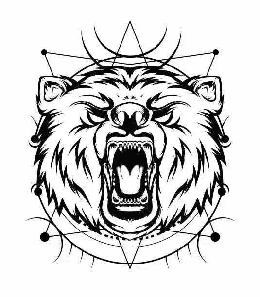 Vector illustration of Angry bear illustration in black and white color