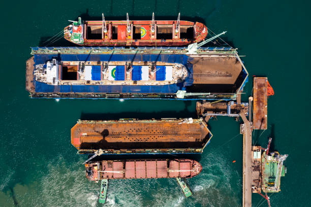 istock Aerial top view container ship in shipyard for repair maintenance 1465578842