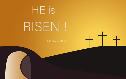 Easter and Resurrection.He is Risen.Crucifixion and Resurrection. Empty tomb of Jesus with crosses in the background.Easter cross with a lettering from Matthew .He is risen.Good Friday.