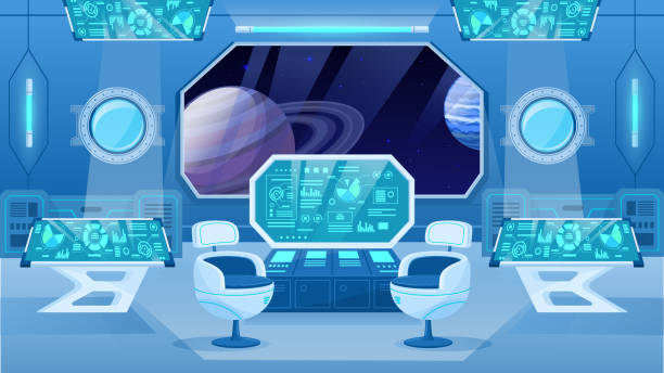 istock Cartoon cosmic ship center room interior. Futuristic space cabin with control panels, spaceship headquarters chairs and monitor screen flat vector illustration. Spacecraft control room 1465580145