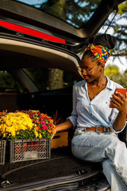 istock Young woman sitting in open car trunk, using smart phone 1465580290