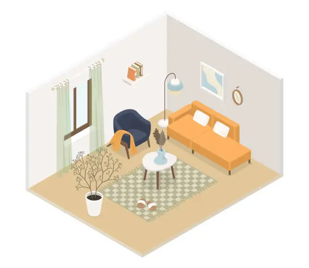 Vector illustration of Home interior - modern vector colorful isometric illustration