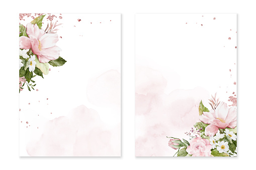 Set of card template with watercolor colorful roses bouquet on stains, Wedding invite. Vector decorative Valentine's Day, greeting card, invitation design background, or social media post.